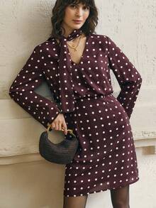 INAWLY Wine Red Polka Dot Print Waist Flare Sleeve Short Dress - Multicolor - View 2