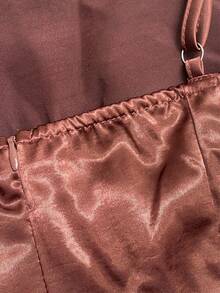 SHEIN Franclia 女士优雅缎面珍珠吊带裙，A 字廓形，适合通勤、派对和活动 - 咖啡棕 - 查看 4