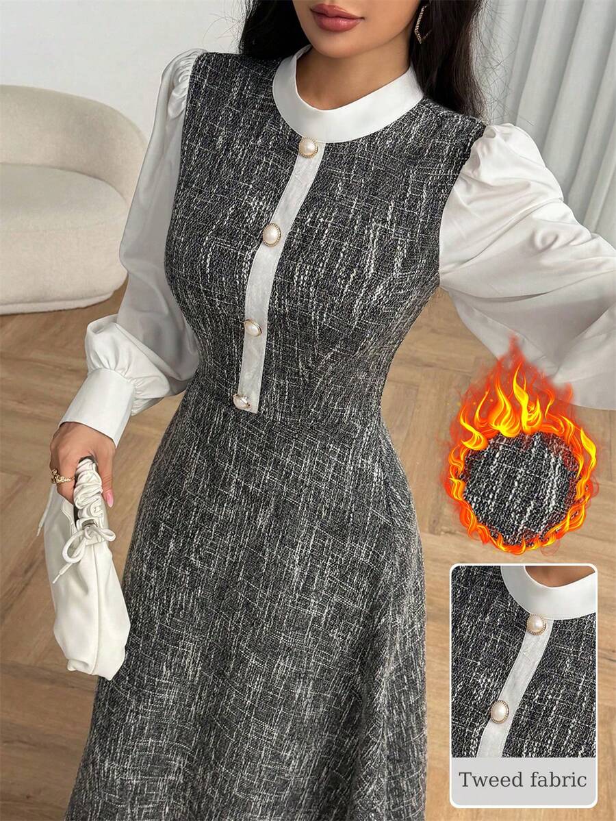 Modelyn Women's Grey Textured Tweed Long Sleeve Button-Down Waist A-Line Elegant Dress - Grey - View 1