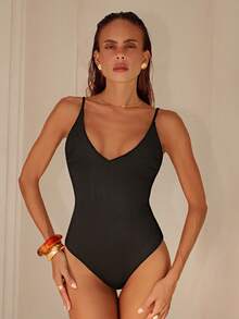 Bonvoyette 2026 Spring/Summer Black Spaghetti Strap Deep V-Neck Fitted Elegant Solid Color One-Piece Swimsuit For Women - Black - View 8