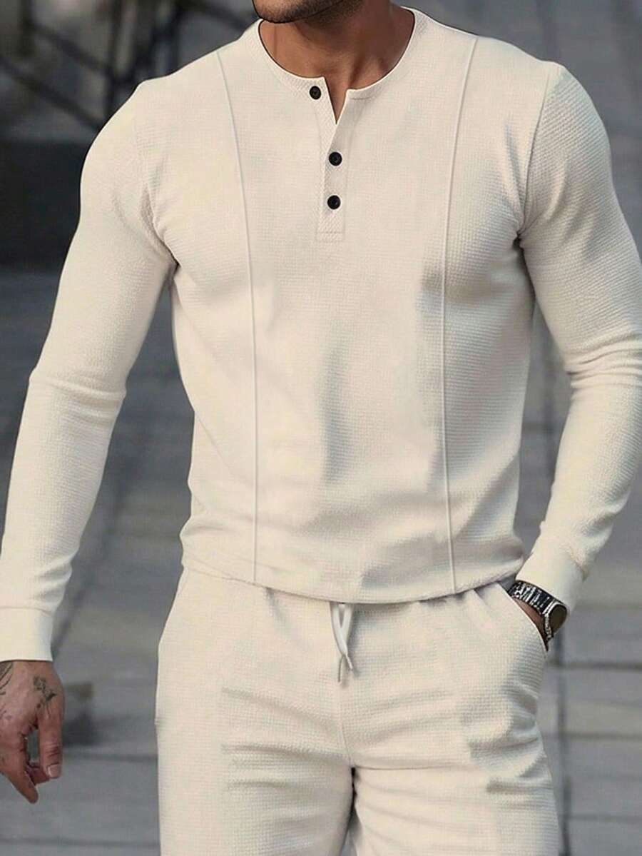 Manfinity Homme 男士纯色纽扣半开襟长袖休闲T恤 - 米色 - 查看 1