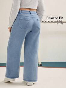 SHEIN Unity Celana Jeans Wanita Ukuran Besar Kasual untuk Liburan, Warna Biru Muda, Bahan Rajut Lembut, Tidak Melar, Potongan Lurus - Light Wash - View 2