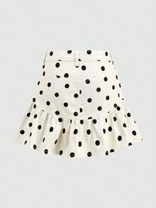 SHEIN MOD Saia Denim Curta Feminina Plissada com Babados e Bolsos em Estampa de Poá, Versátil e na Moda, Ideal para Ano Novo, Natal, Festas, Praia e Uso Casual - Preto e Branco - Visão 2