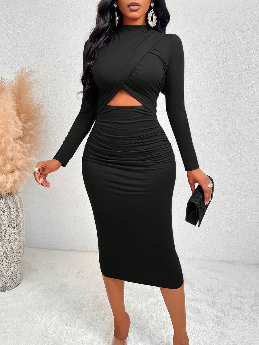 SOLERSUN Rochie maxi pentru femei, culoare solidă, simplă, casual, cu mânecă lungă, decupată - imagine 3