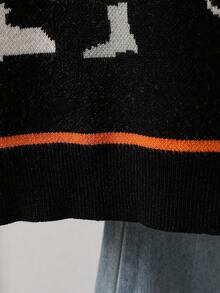 SHEIN 少女百搭绿色开衫，饰有可爱卡通提花图案 - 新款柔软舒适的圆领长袖针织毛衣，适合日常穿着及秋冬季节。 - 黑色 - 查看 6