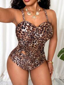 Slaydiva Plus Size Women Leopard Print V-Neck Ruched Swimwear Set,Tummy Control Animal Print Bathing Suit,Tie Dye,Summer,Beach,Vacation,Holiday,Curvy Swim - Multicolor - View 5