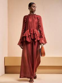 Zivah 2pcs/Set Spring/Summer 2026 New Music Festival/Valentine's Day Date Outfit: Round Neck Long Sleeve Ruffle Hem Top And Pocket Flare Leg Pants