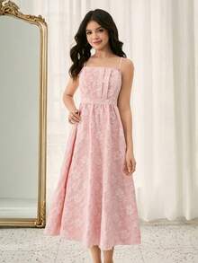 Vestido midi de línea A con bajo asimétrico y textura de tela jacquard, adecuado para bodas, bailes de graduación, fiestas de cumpleaños, aniversarios, Día de San Valentín - Rosa - Ver 4