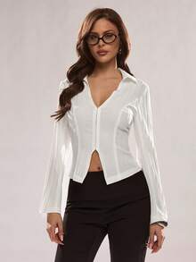 Glamine Elegant Minimalist High-End White Shirt Collar Open Front Button Long Sleeve Jacket For Women, Spring/Autumn - White - View 6