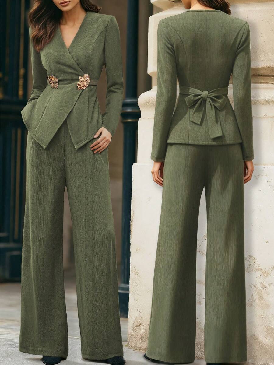 SHEIN Unity Nouveau set 2 pièces en métal décoratif, col V, manches longues, asymétrique avec lien, décontracté mais élégant, convient pour de multiples occasions - Militaire verte - Voir 1