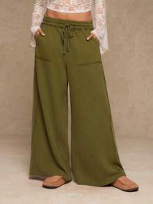 SHEIN VCAY Plus Size Women's Contrast Color Drawstring Waist Pockets Wide Leg Loose Casual Pants - Army Green - View 1