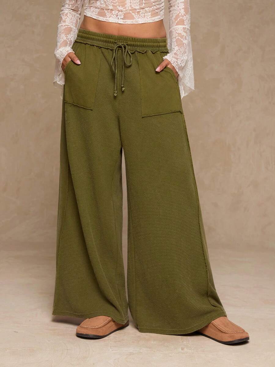 SHEIN VCAY Plus Size Women's Contrast Color Drawstring Waist Pockets Wide Leg Loose Casual Pants - Army Green - View 1