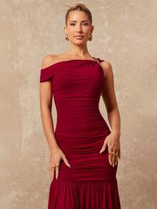 Lumalex Đầm maxi đỏ lưới thanh lịch, mềm mại và thoải mái với khóa kim loại trang trí, vai lệch, thích hợp cho mùa xuân/hè, dành cho nữ, sang trọng cho năm mới, tiệc tùng, mùa cưới, ngày Valentine lãng mạn. - Đỏ - Xem 6