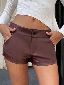 Chiquease Damen einfarbige Shorts mit Tasche, vielseitig einsetzbar, aus PU - Braun - Übersicht 5