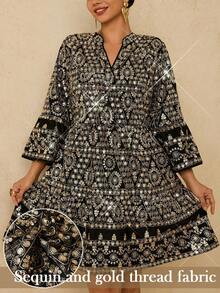 Travachic 大码女式花卉亮片V领喇叭袖优雅连衣裙 - 黑色 - 查看 1