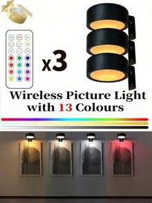 3PCS/ Wireless Metal Wall Art LED Picture Lights, Wall Lamps, Fairy Lights, Lamps, Night Lights, Book Lights, Wireless Wall Lamps With Magnetic - Adjustable Color Temperature, Timer, Remote Control And Push Button Control - RGB 13 colors - View 10