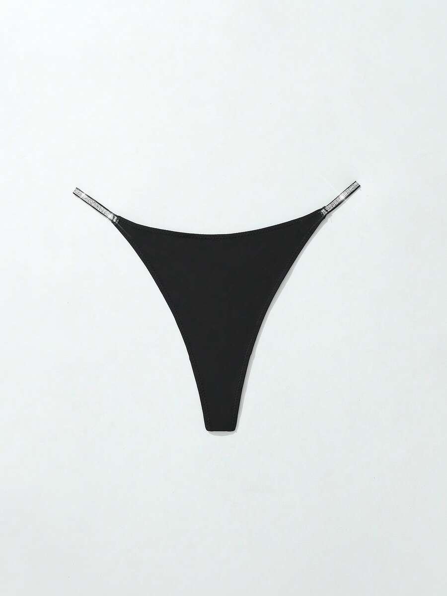 SHEIN Women's Fashionable Sexy Glitter Ribbon Thong Panties Micro Bikini Pearl Panties Rhinestone Panties Rhinestone Thong String Bikini Panties - Black - View 1