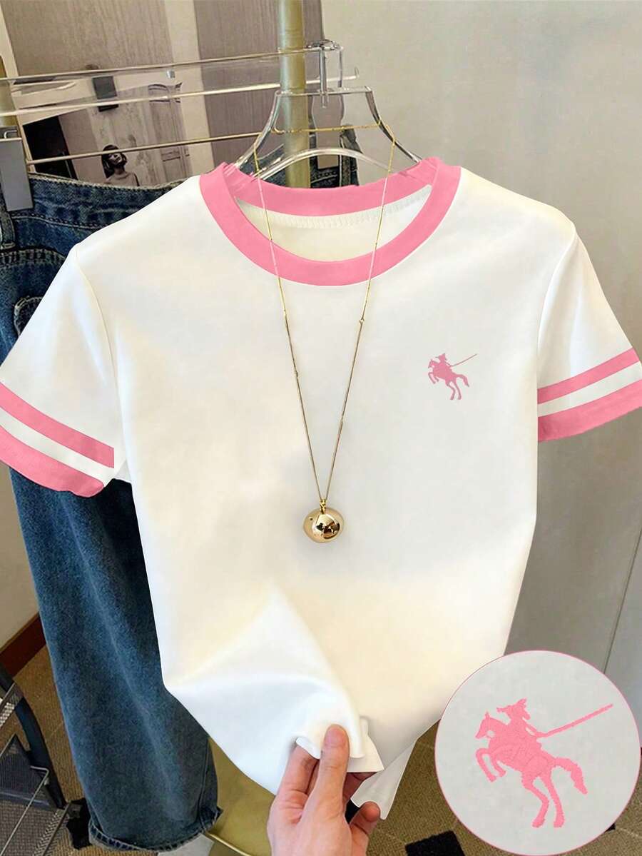 少女休闲复古美式校园经典Logo印花短袖圆领T恤，适合夏季穿着，打造美式时尚度假风，白色修身日常穿着，粉色花卉条纹时尚舒适百搭 - 粉色 - 查看 1