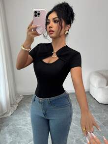 Elenzga Áo thun tay ngắn ôm sát màu đen trơn thanh lịch dành cho nữ, thích hợp cho các bữa tiệc, hẹn hò, đi làm, Giáng sinh, mùa tốt nghiệp, trở lại trường, lễ tốt nghiệp, ngày nhà giáo, giáng sinh, ngày lễ tình nhân, lễ tạ ơn, trở lại trường, áo thun tay ngắn mặc hàng ngày, xuân/hè - màu đen - Xem 1