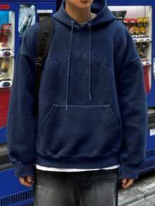 DAZY 男士保暖连帽衫，带字母刺绣，藏蓝色，秋冬款 - 藏蓝色 - 查看 7