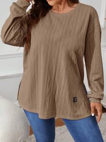 SHEIN VCAY Kaos Lengan Panjang Kasual Serbaguna dengan Belahan dan Aplikasi untuk Ukuran Plus, Kerah Bulat, dan Kasual - Khaki - View 4