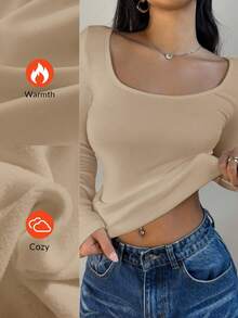 SHEIN BASICS 女士休闲纯色针织圆领长袖修身T恤，升级保暖面料，保暖内衬轻薄不臃肿，秋冬季修身弹力打底衫T恤 - 卡其色 - 查看 4