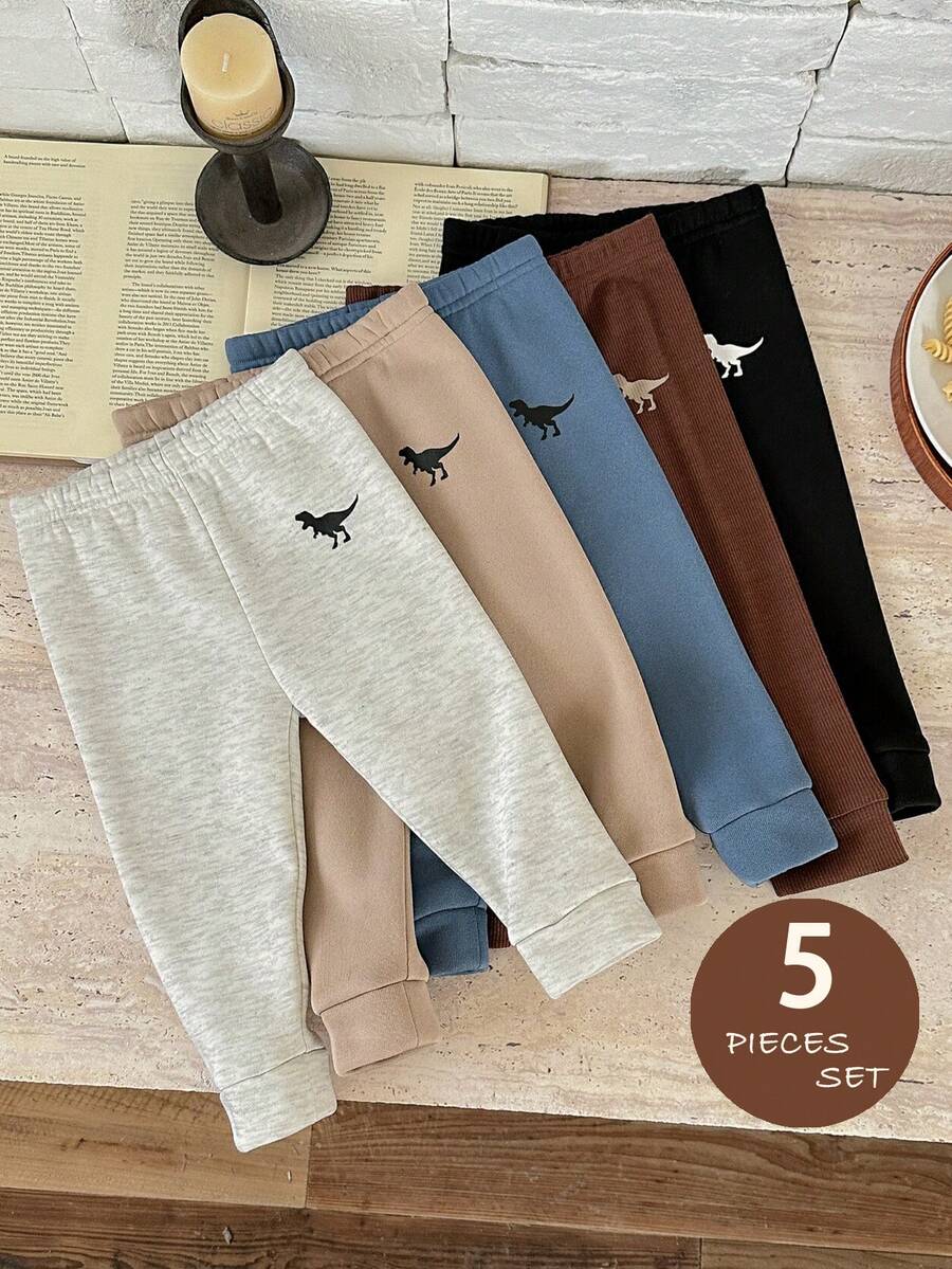 Pixure 5pcs Baby Boy All-Match Solid Color Thermal Lined Leggings, Stretchy Soft Comfortable Fabric, Suitable For Casual Wear, Dinosaur Pattern,Spring/Autumn/Winter - Multicolor - View 1
