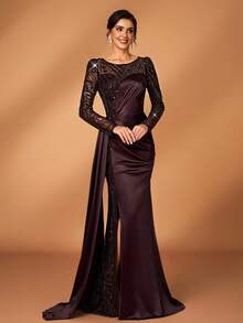 Serin Elegant Luxurious Beaded, Sequin & Embroidered Mesh Sleeve Mermaid Dress, Suitable For Weddings, Parties, Vacations, Galas, Holidays, Bride & Mother Of The Bride Evening Gowns