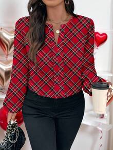 EMERY ROSE Camicia casual a maniche lunghe da donna, elegante e romantica, con motivo a quadri natalizi, adatta per l'autunno/inverno, blusa da donna autunnale, abbigliamento esterno