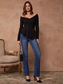 2026 Blusa de mujer de unicolor con hombros descubiertos, manga larga, volantes cruzados y bajo con volantes - Negro - Ver 3