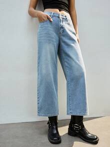 Maija 女士休闲日常通勤简约百搭纯色低腰宽松直筒九分牛仔裤 - 淺色水洗藍 - 查看 6