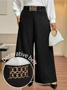 Vionelle Plus Size Women Elegant Casual Solid Color Decorative Belt Loose Wide Leg Pants High Waist Pants Belted High Waist Pants Belt Pants Elegant Pants For Women Gold Chain Belt Petite Wide Leg Pants Pallazo Pants Women Palazzo Pants Women - Black - View 2