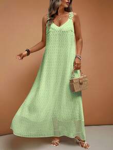 Breezaya Gaun Liburan Wanita Ukuran Besar dengan Hiasan Renda Warna Polos Gaya Prancis - Mint Green - View 4