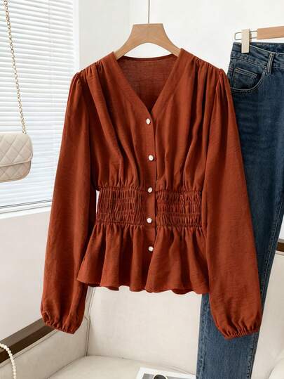 Modelyn 法式V领褶皱腰身修身长袖女式衬衫，秋季款