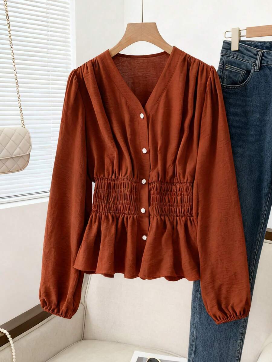 Modelyn 法式V领褶皱腰身修身长袖女式衬衫，秋季款