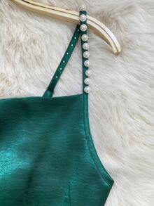 SHEIN Franclia 女士优雅缎面珍珠吊带裙，A 字廓形，适合通勤、派对和活动 - 墨綠色 - 查看 5