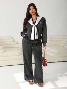 Solflare Plus Size Embroidered V-Neck Long Sleeve Top And Pants Casual 2 Pieces Set - Black - View 3