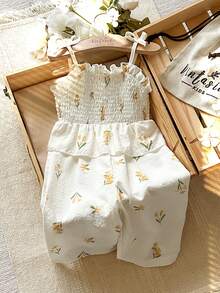 SHEIN Vintaside Kids 女婴简约碎花荷叶边吊带连体衣，适合休闲穿着、户外活动、摄影、度假、春夏穿着 - 彩色 - 查看 5
