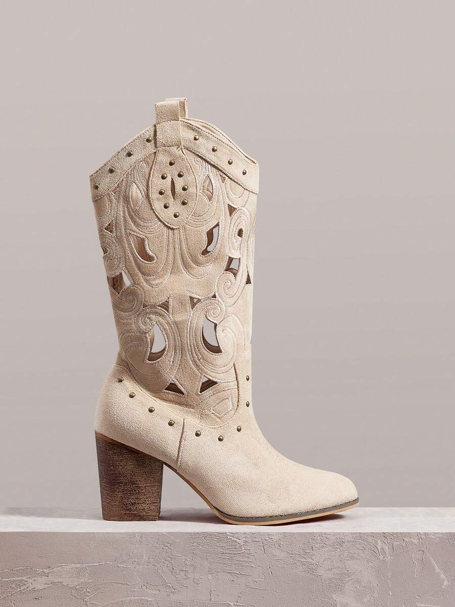 Styleloop Women's Western Style Woven Vacation Boho Chic Cowgirl Boots, Suitable For Music Festivals, Halloween, Christmas, And Parties Vacation Outfits Travel Essentials Cowboy Boots - Beige - View 1