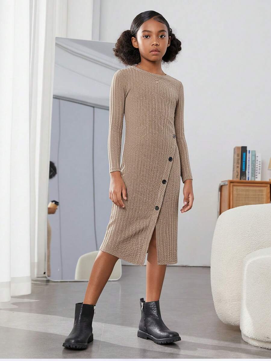 Tween Girl Button Front Split Thigh Ribbed Knit Dress - Khaki - View 1