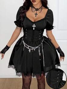 Coolane Đầm dự tiệc Halloween tay bồng phối ren đen tương phản phong cách Gothic cổ điển Y2K thời Phục Hưng cho mọi mùa của phụ nữ - màu đen - Xem 4