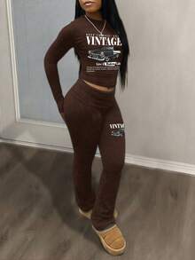 Slaydiva Ropa de mujer otoño 2025/Ropa de mujer invierno/Conjuntos de 2 piezas para mujer/Jeans acampanados/Blusas de manga larga/Pantalones de yoga de cuello redondo simple y manga larga casual/Top corto plisado/Pantalones anchos de pierna ancha/Pantalones acampanados/Traje de dos piezas para mujer/Ropa Y2k/Ropa urbana/Blusas de salida para mujer/Gráfico de coche vintage