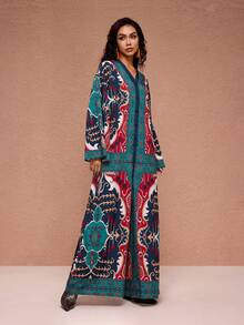 JIAN LASALA All-Over Print V Neck Flared Long Sleeve Button-Up Front Wide-Leg Long Women Jumpsuit Green Pajama Sleepwear Elegant Jumpsuit Bohemian Clothes Women Party Wedding Guest - Multicolor - View 4