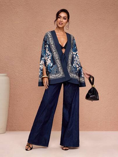 JIAN LASALA 女士全印花开襟撞色包边蝙蝠袖斗篷外套波西米亚风上衣，女士和服开衫，女士沙滩婚礼宾客和服