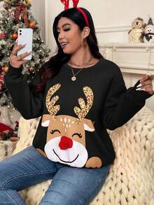 SHEIN VCAY Plus Size Christmas Cartoon Print Sweatshirt In Fall/Winter - Black - View 4