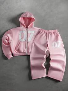 PAVTROS Men's Autumn/Winter Hoodie Set, Pink Set, Minimalist Numeric Print, Zip-Up Hoodie And Sweatpants Set With Pockets Pink Streetwear Designer Sweatsuit Jogging Suits Pink Two Pieces, Thermal Lined - Pink - View 3