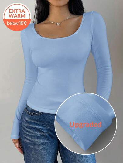 SHEIN BASICS Camiseta de mujer de manga larga, cuello de pico, ajuste ceñido, de punto y unicolor. Tela térmica mejorada, forro térmico sin abultamiento, camiseta interior elástica y ajustada para otoño e invierno