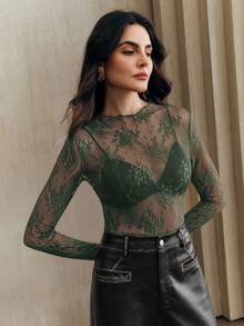 Anewsta Women's Lace See-Through Thumb Hole Elegant Blouse, Suitable For Holiday Party Outfits - Dark Green - View 6
