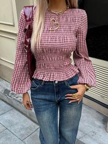 Siren Gaze Women's Plaid Waist Cinched Round Neck Long Sleeve Shirt Christmas For Women Casual Blouse For Women Pleated Design, Fitted Waist, Stretch Plaid Shirt Red Spring Pink - Pink - View 5