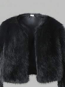 Sweetra Tween Girl 短款蓬松毛绒外套，优雅可爱，秋冬 - 黑色 - 查看 4